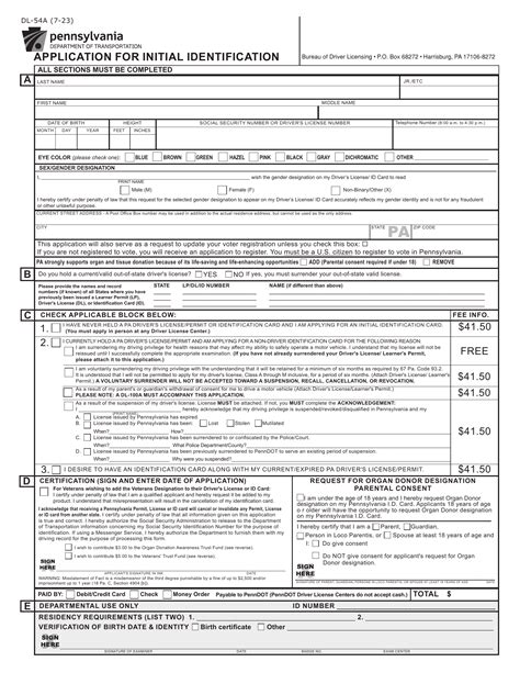 Pa Dot Form Dl 54A Application For Pennsylvania Photo Identification Pa Dot Form Dl 54A Application For Pennsylvania Photo Identification